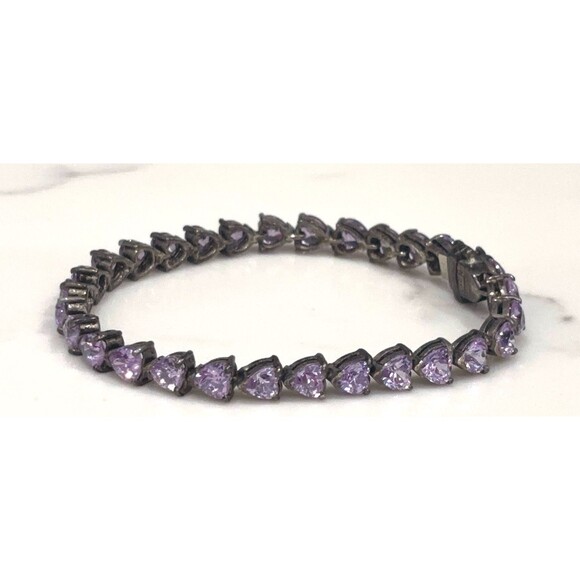 Vintage Sterling Silver Bracelet Purple Glass Heart Stones Signed 7" - Picture 8 of 14